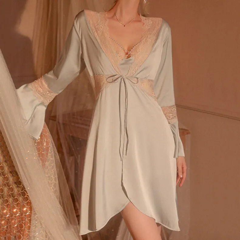 Black Lace Nightgown Set for Women Sleepwear Satin Kimono