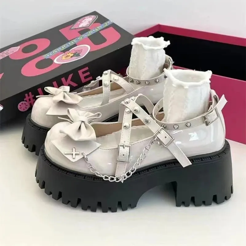 Hnzxzm Women Mary Jane Shoes Lolita Solid Color Spring 2024 Hot Sale Fashion Butterfly Knot Outdoors Thick with Non-slip Female Shoes