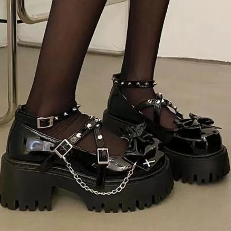 Hnzxzm Women Mary Jane Shoes Lolita Solid Color Spring 2024 Hot Sale Fashion Butterfly Knot Outdoors Thick with Non-slip Female Shoes