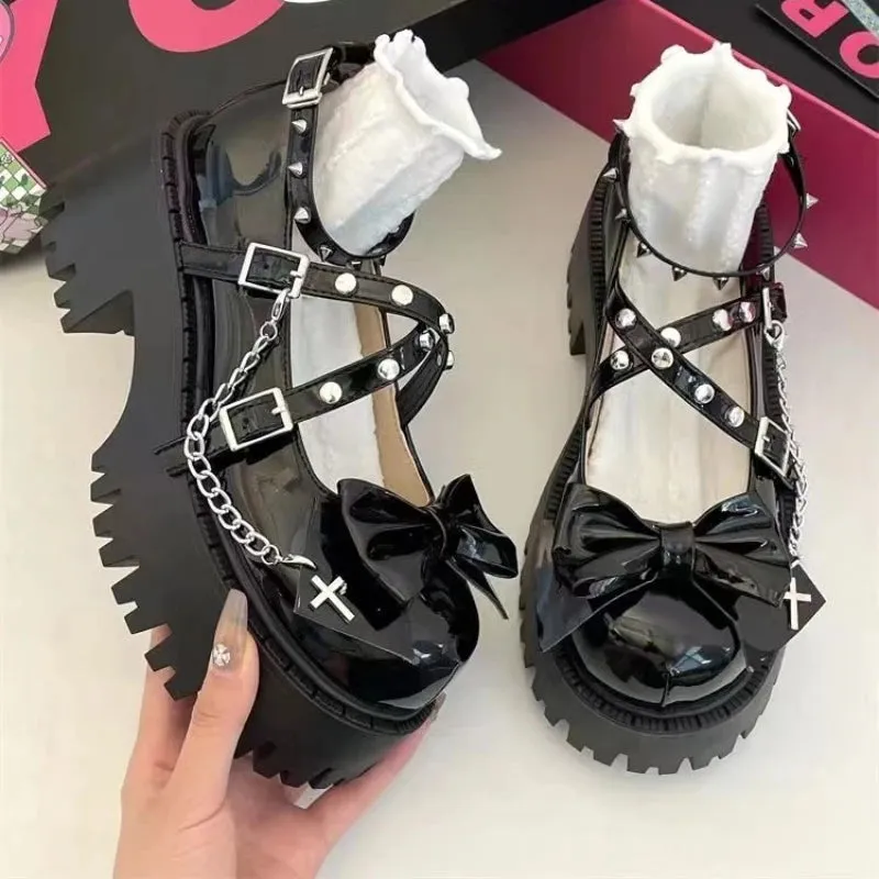 Hnzxzm Women Mary Jane Shoes Lolita Solid Color Spring 2024 Hot Sale Fashion Butterfly Knot Outdoors Thick with Non-slip Female Shoes