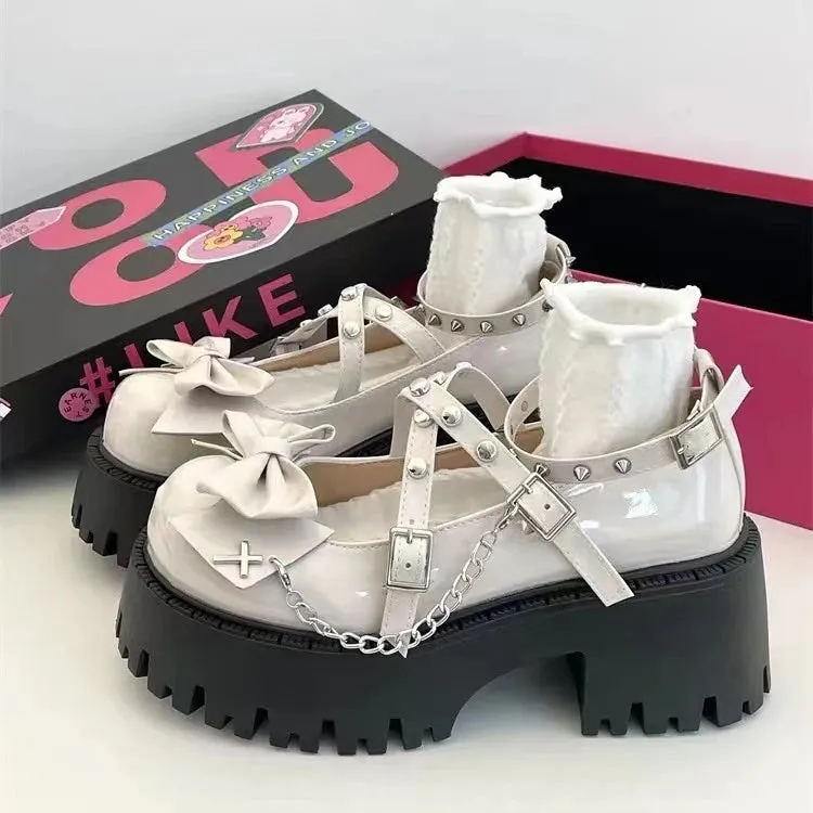 Hnzxzm Women Mary Jane Shoes Lolita Solid Color Spring 2024 Hot Sale Fashion Butterfly Knot Outdoors Thick with Non-slip Female Shoes