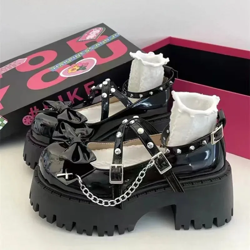 Hnzxzm Women Mary Jane Shoes Lolita Solid Color Spring 2024 Hot Sale Fashion Butterfly Knot Outdoors Thick with Non-slip Female Shoes